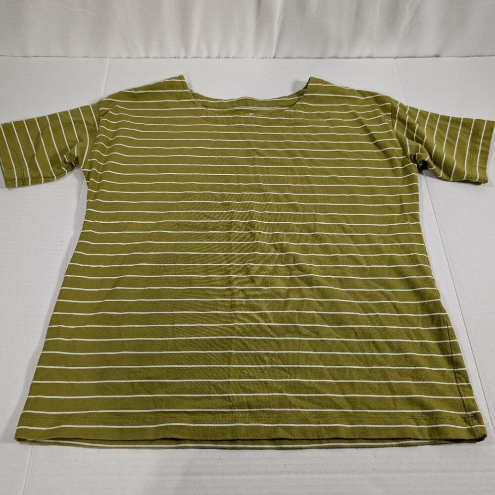 J. Jill Olive Green & White Striped Elbow Sleeve Tee, Small Petite